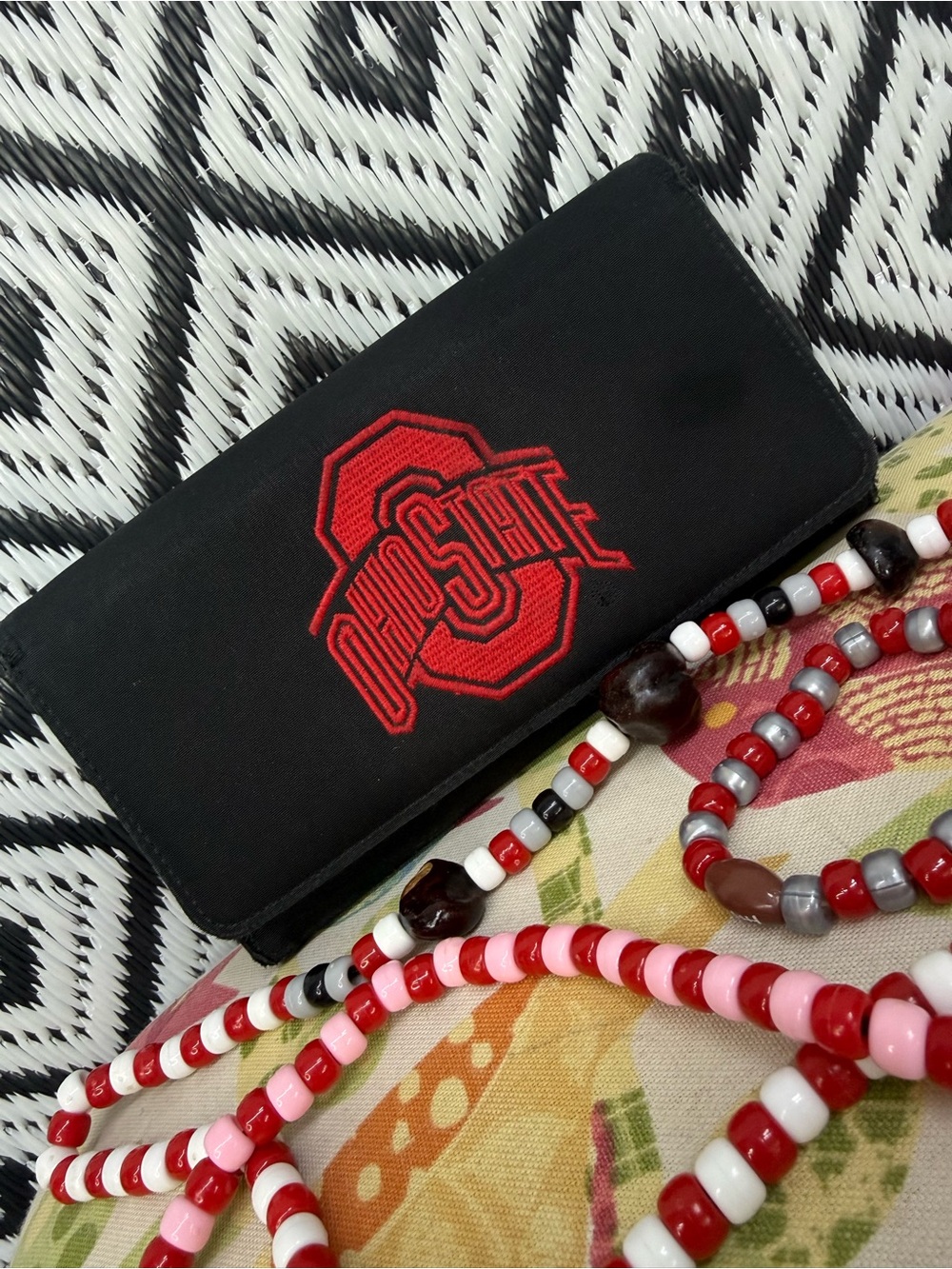 Black Wallet Red Ohio State Embroidered Logo and Buckeye Necklaces + bracelet